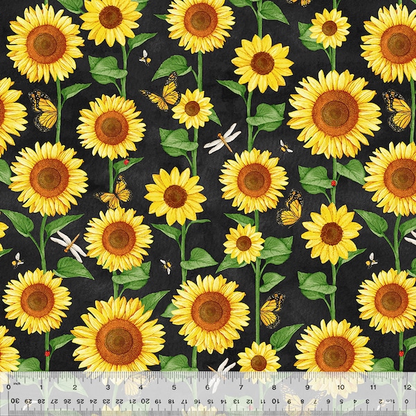 Sunflower Field on Black - Sunshine Daydream Cotton Fabric by Windham Fabrics - Robin Roderick Cut to Order