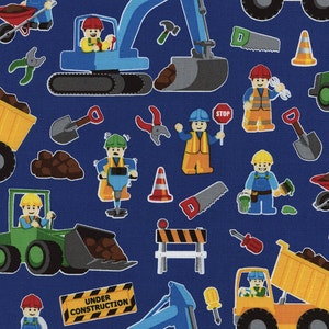 Construction Workers Royal Cotton Fabric By Timeless Treasures Blue Dump Trucks cranes diggers Boy Cut to Order