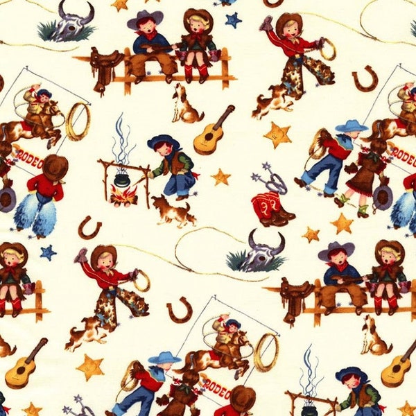 Rodeo Kids Western Cream Fabric by Michael Miller Cowboy Boy Girl Campfire Cut to Order