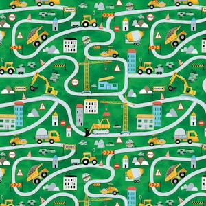 Little Builder Construction Zone on Green Cotton Fabric by Benartex Fabrics