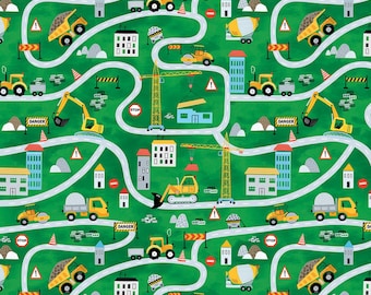 Little Builder Construction Zone on Green Cotton Fabric by Benartex Fabrics