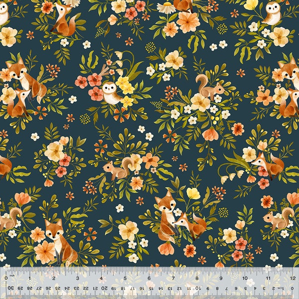 Foxy Fox and Friends Floral in Midnight Cotton Fabric By Vivian Yiwing - Windham Fabrics - Cut to Order