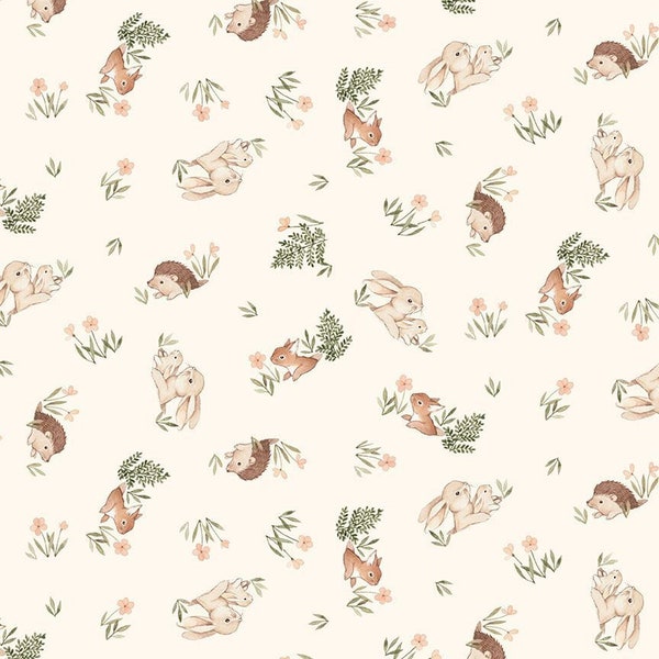 Bunny and Hedgehog - Burrows - Little Forest in Cream Cotton Fabric By Dear Stella, Cut to Order
