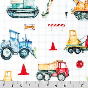 Construction Vehicles Minky Fabric: Cranes, Trucks, Loaders - Shannon Fabrics