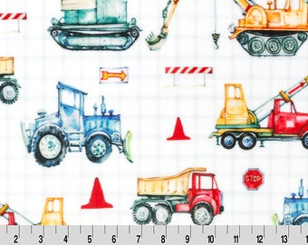 Construction Vehicles Minky Fabric: Cranes, Trucks, Loaders - Shannon Fabrics