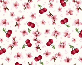 Cherries Baby Blossoms and Cherries in Pink and Red Cotton Fabric By Henry Glass Fabrics
