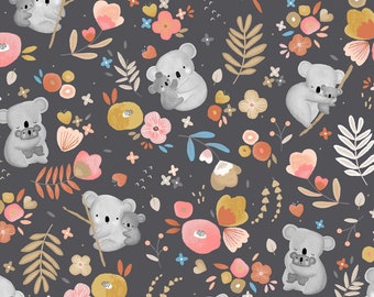 Koalas Exploring with Mom Charcoal Gray Cotton Fabric by Windham Fabrics Kenzie Cut to Order