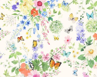 Sunlit Sonnet Bouquets on Light Cream Cotton Fabric, By Clothworks - Cut to Order