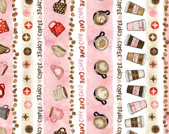 Pink Coffee Cup Cotton Fabric: Morning Brew Print by Michael Miller - End of Bolt