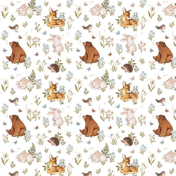 Spring Awakening in White Cotton Fabric Forest Dreams Collection By Dear Stella - Bears, Fawn, Bunny, Hedgehogs, Birds - Cut to Order