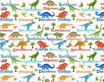 Mini Dinosaurs and Names on Cream Cotton Fabric by Timeless Treasures Fabrics, Cut to Order