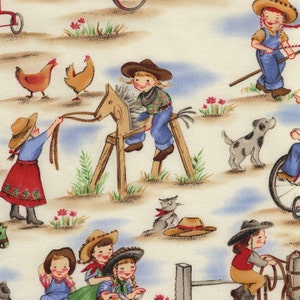 Lil&#39; Cowgirl Cotton Fabric by Michael Miller Girl Western Cream Horse Dog Denim Cowboy Cut to Order