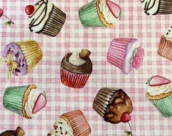 Delicious Cupcakes in Pink Gingham / Plaid Cotton Fabric by Michael Miller - Cut to Order