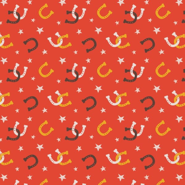 Lucky Horseshoes - Hey Cowboy Red/Orange Cotton Fabric by Camelot Fabrics Western Cowboy Stars - Cut to Order