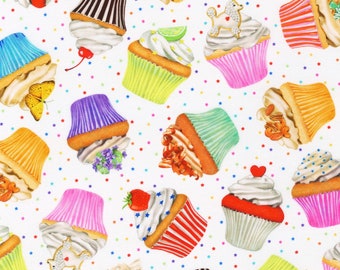 Cupcakes Sweet Tooth Cotton Fabric by Robert Kaufman Dessert Sprinkles Stars Chocolate Pink Blue Purple Cut to Order