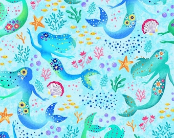 Mermaids on Aqua / Mer-mazing / Sea Maidens Cotton Fabric By Michael Miller Cut to Order