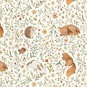 Little Fawn Celebration Animal Floral in Cream Cotton Fabric By Dear Stella - Squirrel, Hedgehog, Rabbit, Bird, Deer Cut to Order