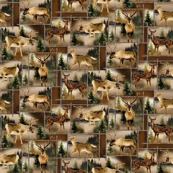 Kanvas Lodge Life Scenic Deer Patch Brown Fabric Cotton Fabric By The Yard