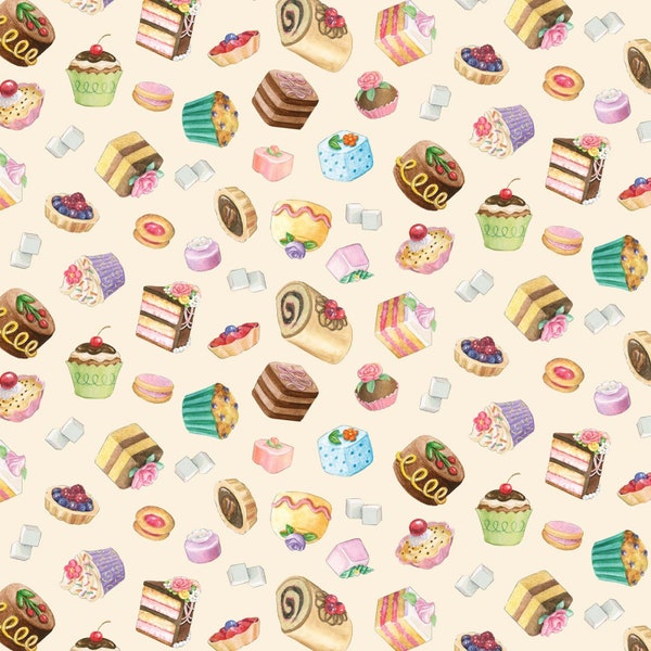 Cream Pastries, Fancy Tea Cotton Fabric by Elizabeth Studios, Fancy Cakes, Pies, Tarts Fabric - Cut to Order