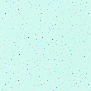 May include: A light mint green fabric featuring a repeating pattern of small, five-pointed stars in various colors including red, yellow, blue, and purple, evenly distributed across the entire surface of the material.