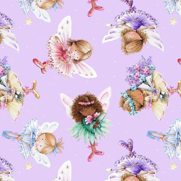 Fairy Garden Small Tossed Fairies on Lavender Cotton Fabric By Studio E, Fairy Wings, Fairy Tutus - Cut to Order