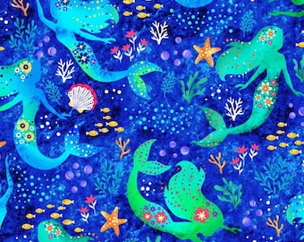 Mermaids on Royal Blue / Mer-mazing / Sea Maidens Cotton Fabric By Michael Miller Cut to Order