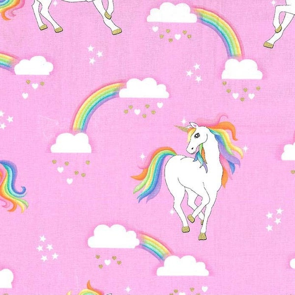 Pink Unicorns & Rainbows with Gold Metallic Cotton Fabric By Michael Miller - Over the Rainbow - Cut to Order