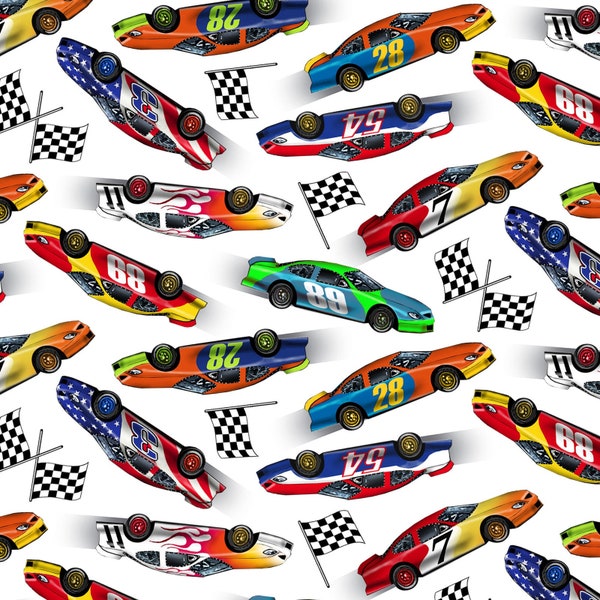 Race Cars In Motion on White Cotton Fabric By Elizabeth's Studio - Racing Cars - Cut to Order