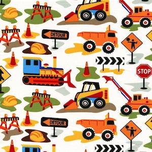 Construction Vehicles - Dig It on White Cotton Fabric by Michael Miller bulldozers, cranes, dump truck, Cut to Order