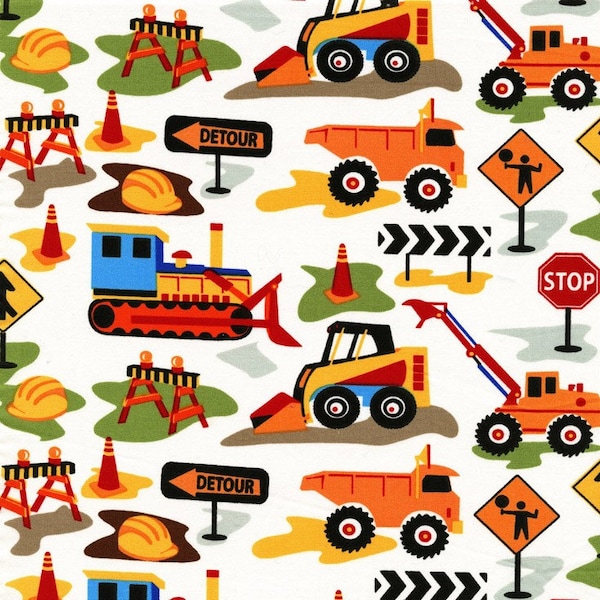 Construction Vehicles - Dig It on White Cotton Fabric by Michael Miller bulldozers, cranes, dump truck, Cut to Order