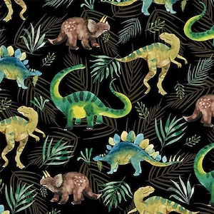 Roaming Dinosaurs Fabric: Black Cotton, Wild One Collection by Michael Miller
