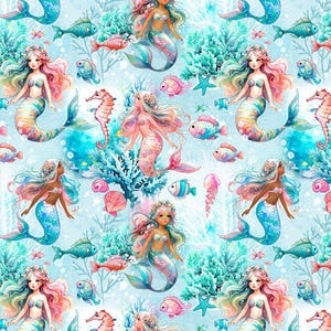 Underwater Mermaids in Blue - Mermaid Collection Cotton Fabric By Timeless Treasures - Cut to Order