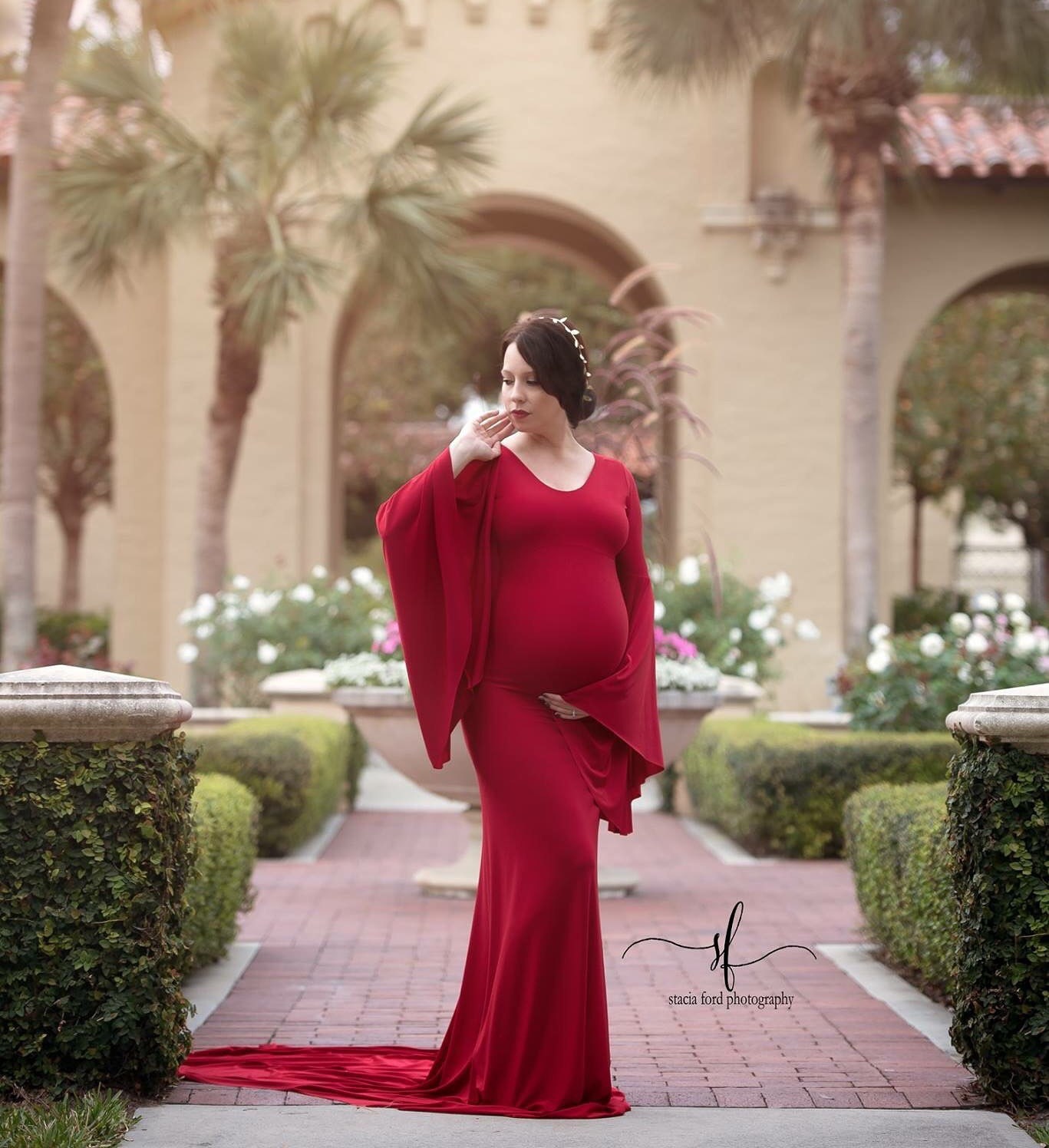 Thea Maternity Dress boat neckline Long Bell Sleeves