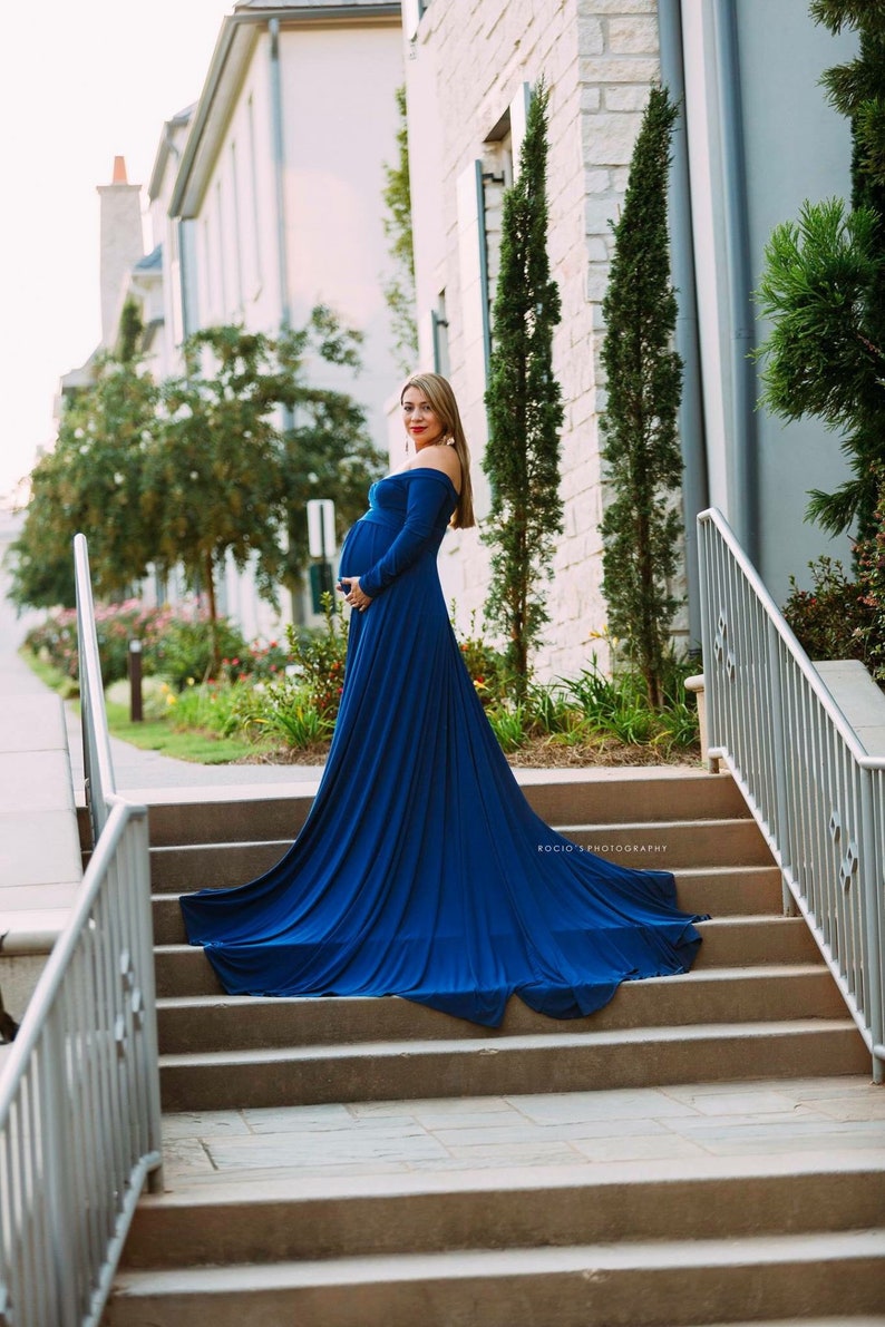 royal blue off the shoulder maternity dress