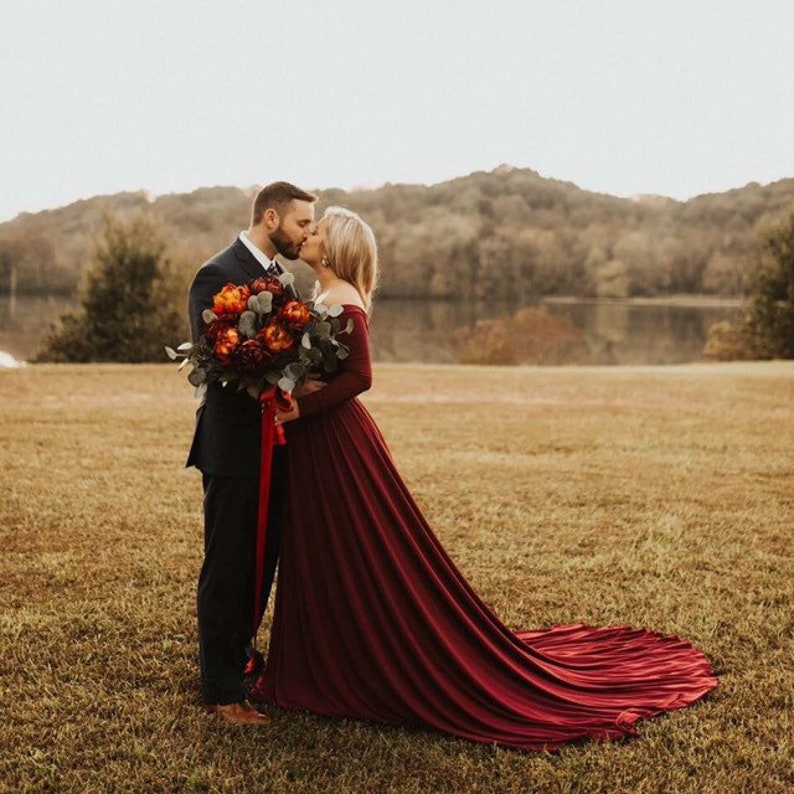 Long Sleeves Maternity Photo Prop Dress Grown Darah magenta engagement Dress,Off Shoulders Baby Shower Bridesmaids half circle