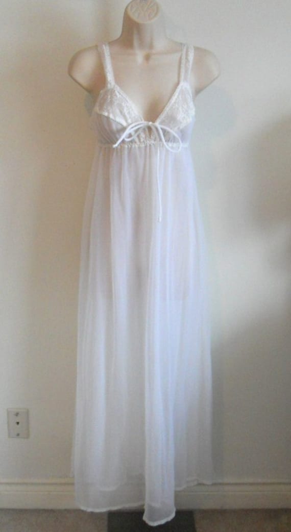 Vintage White Chiffon Long Nightgown ~ 1970's Eliz