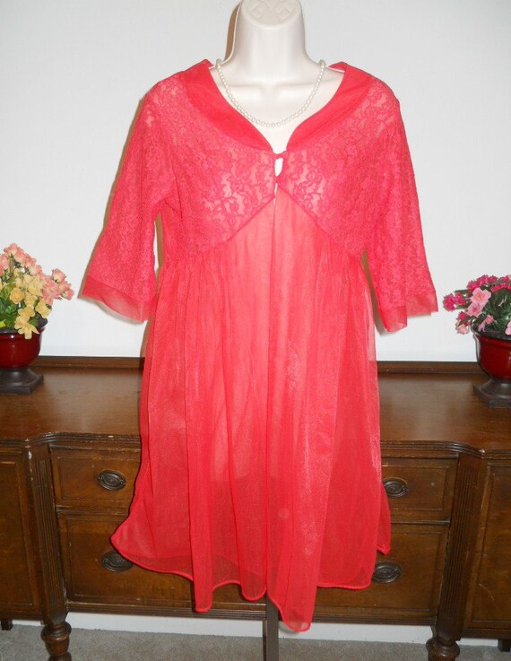 Vintage Red Chiffon Peignoir ~ 1960's Chic Lingerie P… - Gem