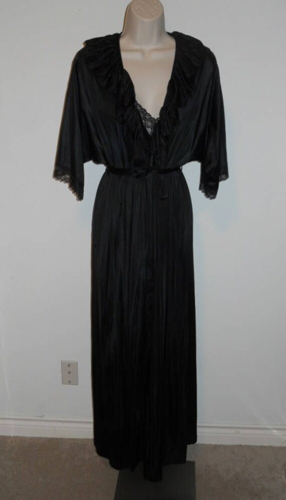 Vintage Black Nylon Peignoir Negligee Set ~ 1980's