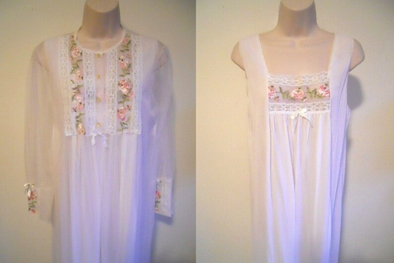 Vintage White Chiffon Peignoir Negligee Set ~ 1960/'s Peignoir Set ~ Honeymoon Set ~ White Wedding ~ Bridal Set ~ Sheer Chiffon /& Nylon ~