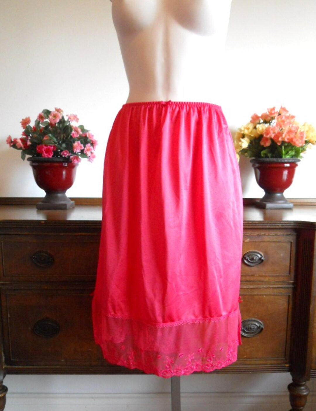 Vintage Red Half Slip Petticoat 1970's Red Half Slip 5 Inch Lacy Hem