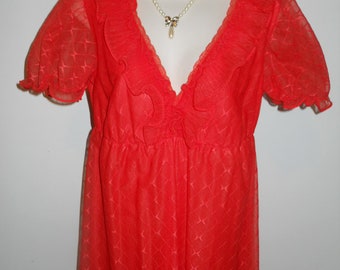 Vintage Scarlet Red Chiffon Long Ruffled Nightgown ~ 1980's Sheer Long Nightgown ~ Ruffled Nightgown ~ Red Nightgown ~ Small