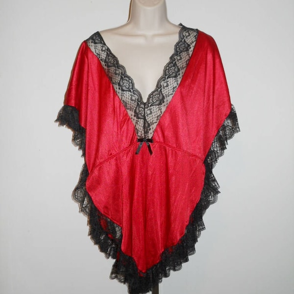 Vintage BabyDoll Nightgown & Panty Set ~ Red Silky Nylon ~ Black Lace  ~ Bikini Panty ~ XXL