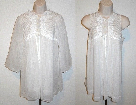 Vintage White Chiffon BabyDoll Peignoir Set ~ 1960