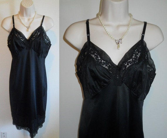 Vintage Kayser Fancy Full Black Slip, Vintage Blac