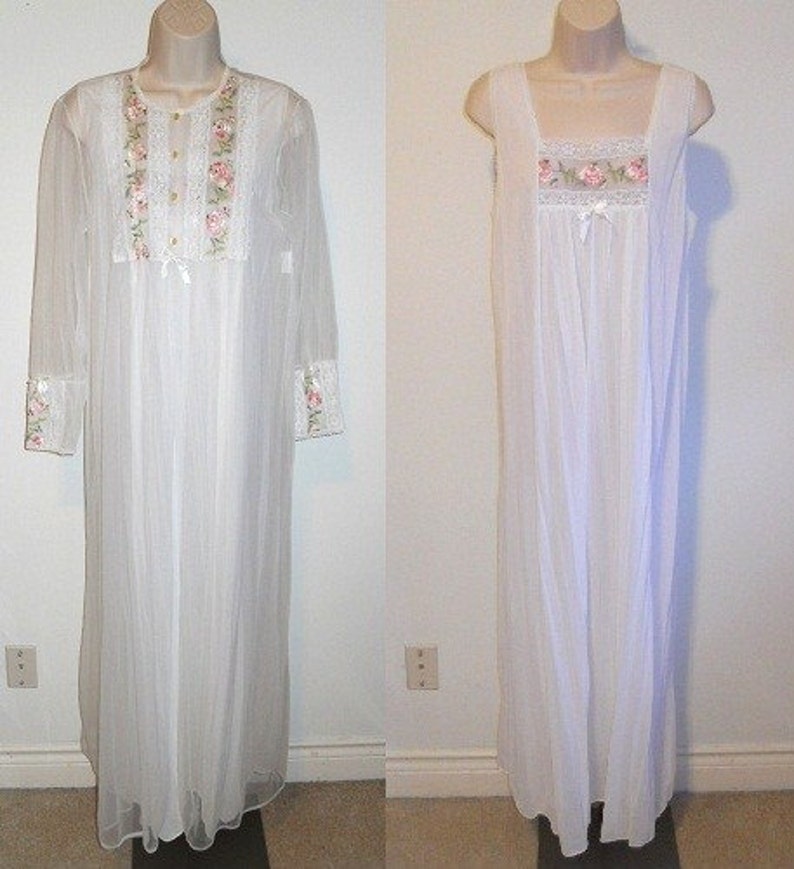 Vintage White Chiffon Peignoir Negligee Set ~ 1960/'s Peignoir Set ~ Honeymoon Set ~ White Wedding ~ Bridal Set ~ Sheer Chiffon /& Nylon ~
