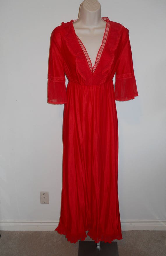 Vintage 1980's  Long Red Chiffon Nightgown ~ Ruff… - image 1