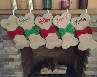 Dog Christmas Stockings. Burlap Bone Doggie Stockings. Santa Stocking Stuffers. Bone Shaped Stockings. Professional Vinyl Pressing.