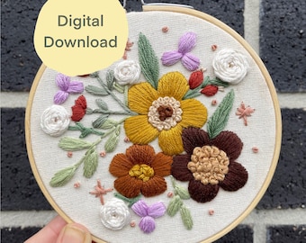 Funky Floral Embroidery Digital Download/ handmade embroidery/ pdf pattern