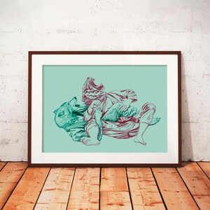May include: Framed art print featuring a stylized illustration of a person grappling with a bear and a tiger. The artwork uses teal and maroon tones against a light teal background. The print is in a brown frame and rests on a wooden floor.