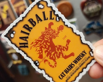 Pegatina de whisky con bolas de pelo de gato: whisky con canela, arte gatuno divertido